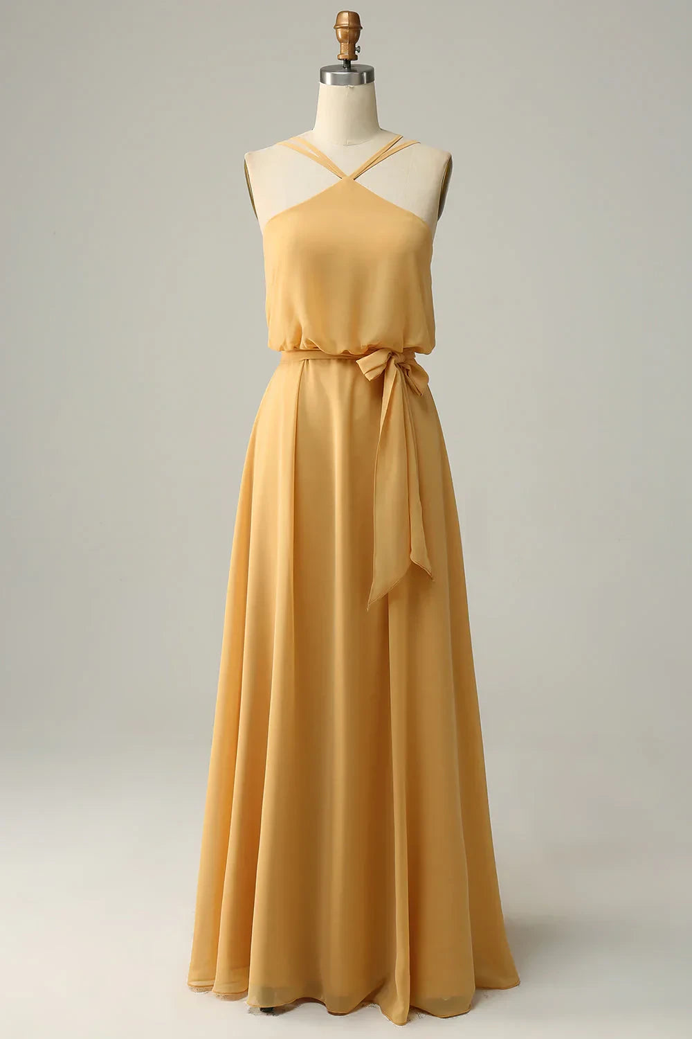 Flowy Chiffon A-Line Halter Sleeveless Criss-Cross V-Back Floor-Length Bridesmaid Dresses with Tie Waist