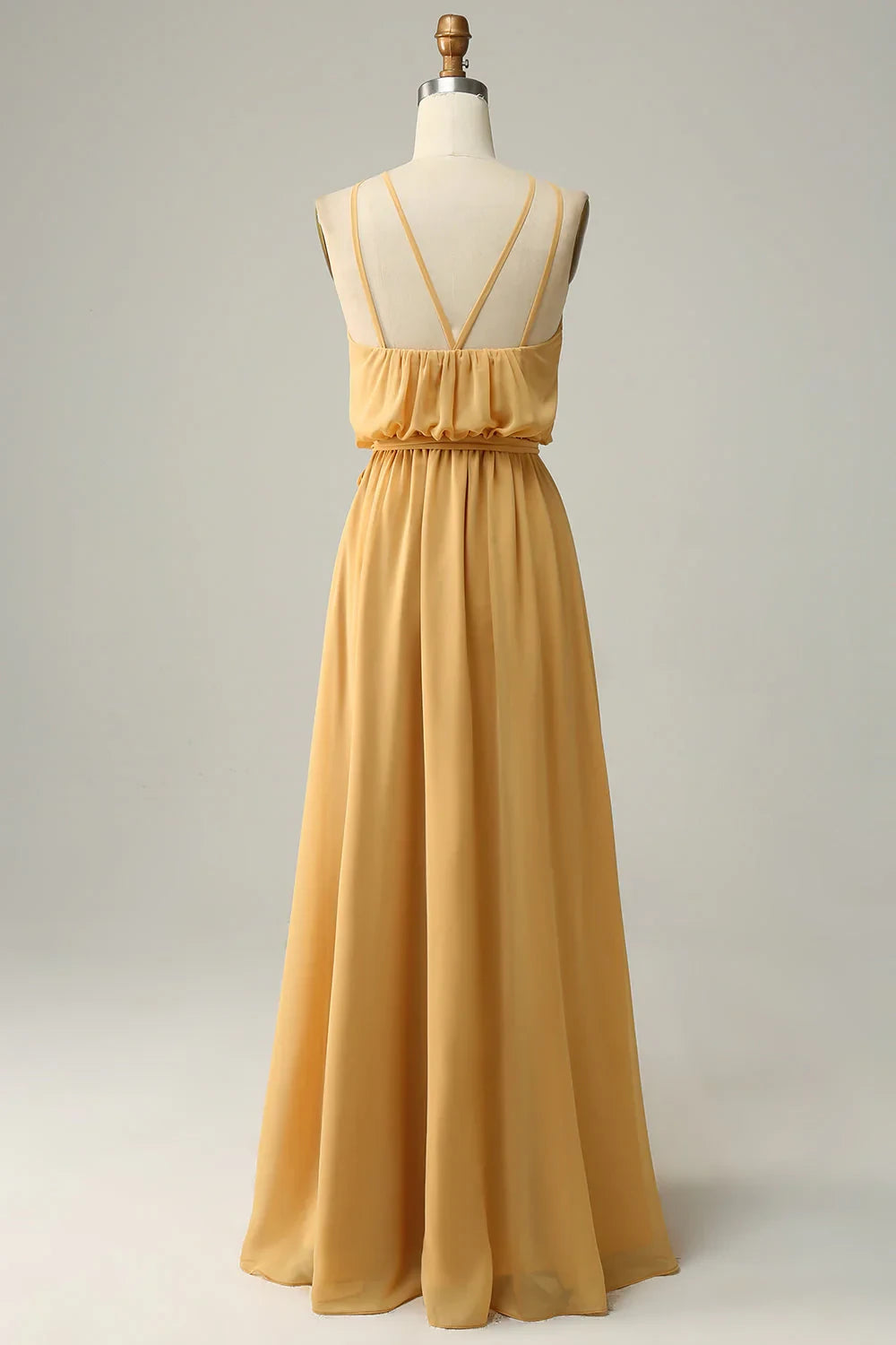 Flowy Chiffon A-Line Halter Sleeveless Criss-Cross V-Back Floor-Length Bridesmaid Dresses with Tie Waist