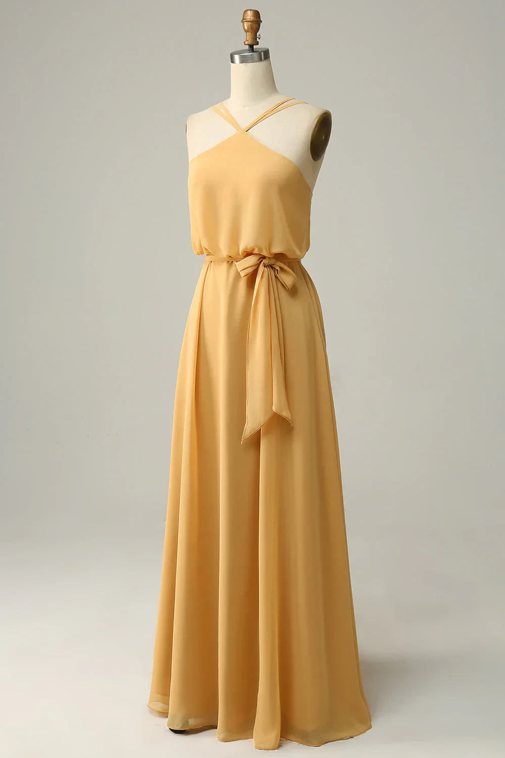 Flowy Chiffon A-Line Halter Sleeveless Criss-Cross V-Back Floor-Length Bridesmaid Dresses with Tie Waist