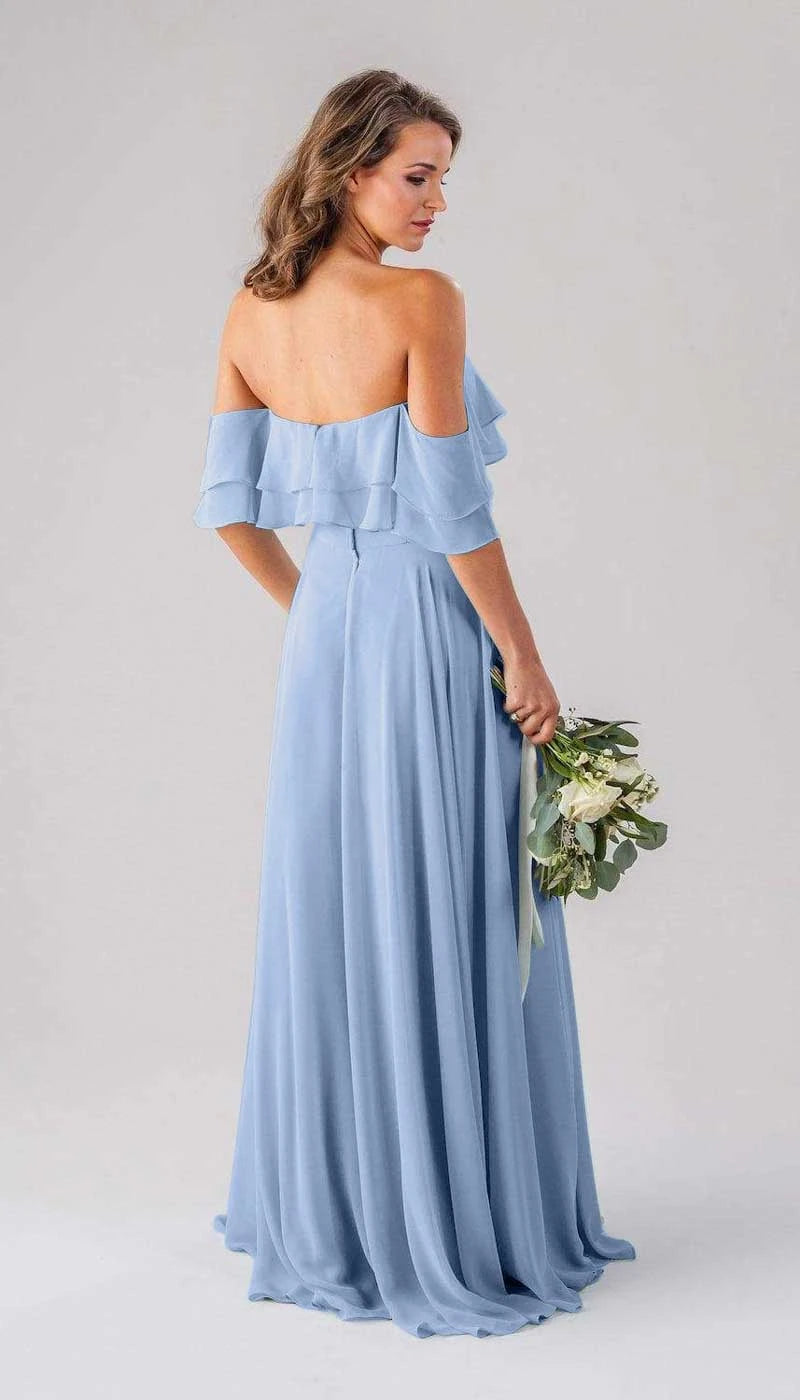 Flowy Chiffon A-Line Off-Shoulder Ruffled Short Sleeves Zipper Back Floor-Length Bridesmaid Dresses