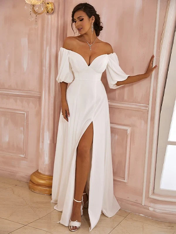 Flowy Chiffon A-Line Off-Shoulder Sweetheart Puffy Short Sleeves Simple Back Floor-Length Wedding Dresses