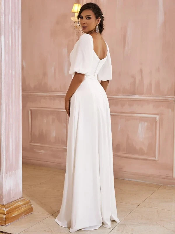 Flowy Chiffon A-Line Off-Shoulder Sweetheart Puffy Short Sleeves Simple Back Floor-Length Wedding Dresses