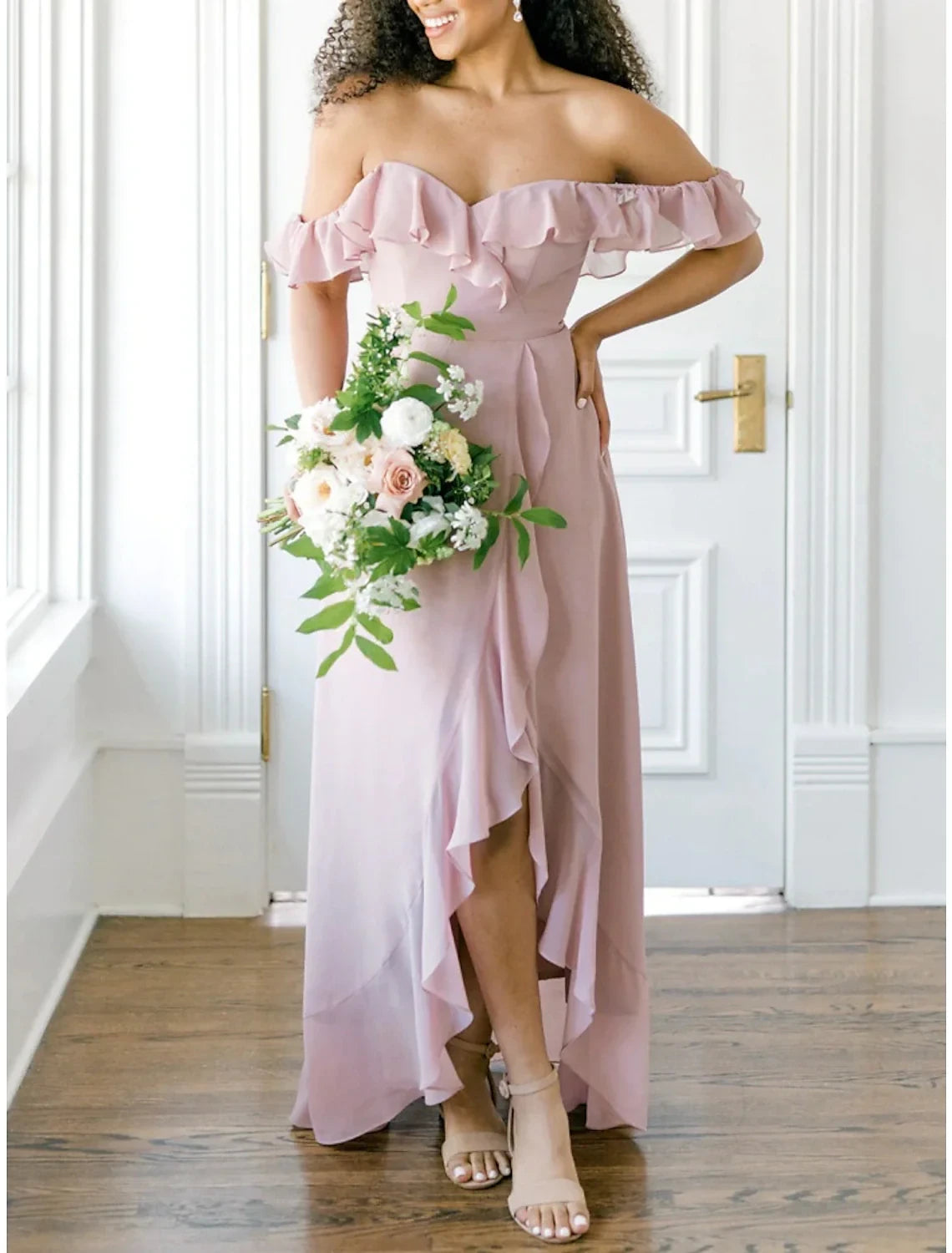Flowy Chiffon A-Line Off-Shoulder Sweetheart Ruffled High-Low Hemline Bridesmaid Dresses