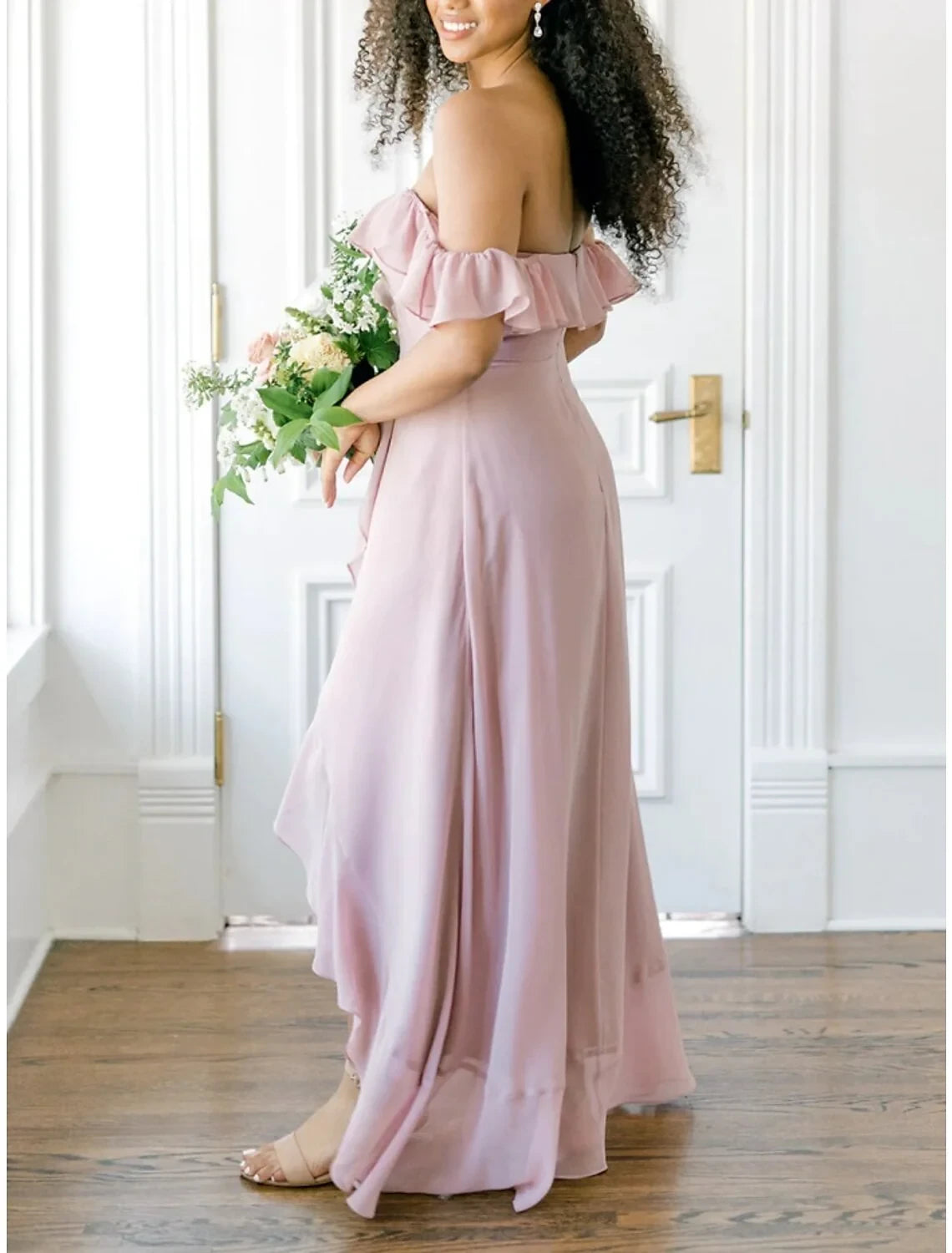 Flowy Chiffon A-Line Off-Shoulder Sweetheart Ruffled High-Low Hemline Bridesmaid Dresses