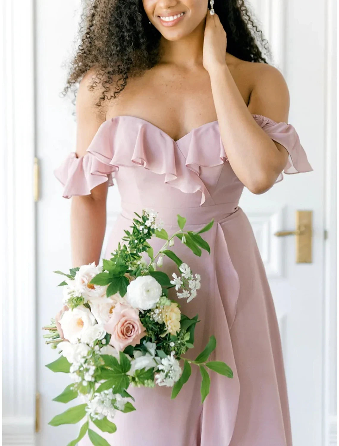 Flowy Chiffon A-Line Off-Shoulder Sweetheart Ruffled High-Low Hemline Bridesmaid Dresses