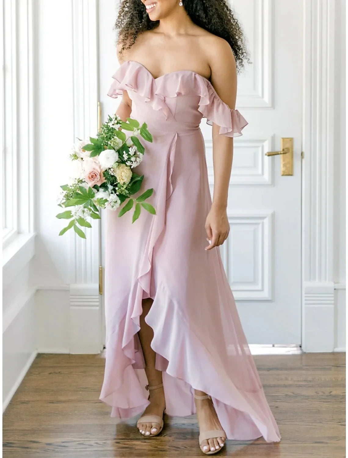 Flowy Chiffon A-Line Off-Shoulder Sweetheart Ruffled High-Low Hemline Bridesmaid Dresses