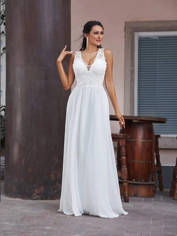 Flowy Chiffon A-Line Plunging V-Neck Sleeveless Open Back Floor-Length Wedding Dresses