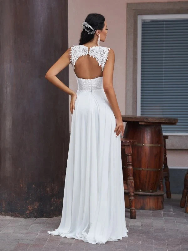 Flowy Chiffon A-Line Plunging V-Neck Sleeveless Open Back Floor-Length Wedding Dresses