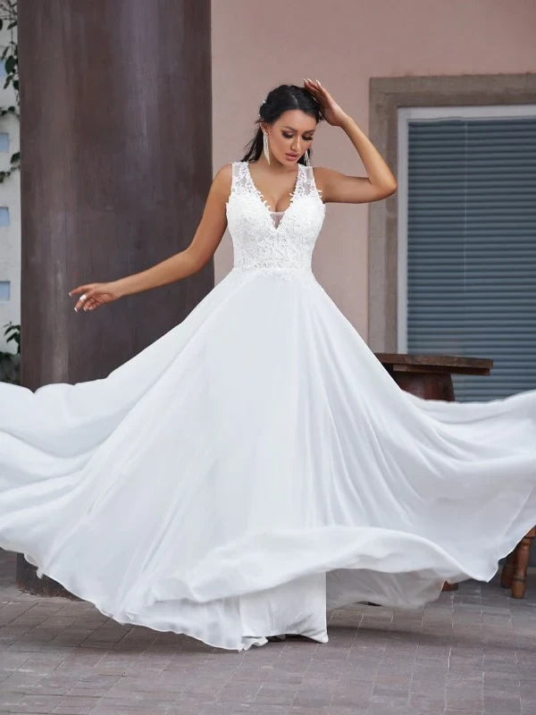 Flowy Chiffon A-Line Plunging V-Neck Sleeveless Open Back Floor-Length Wedding Dresses