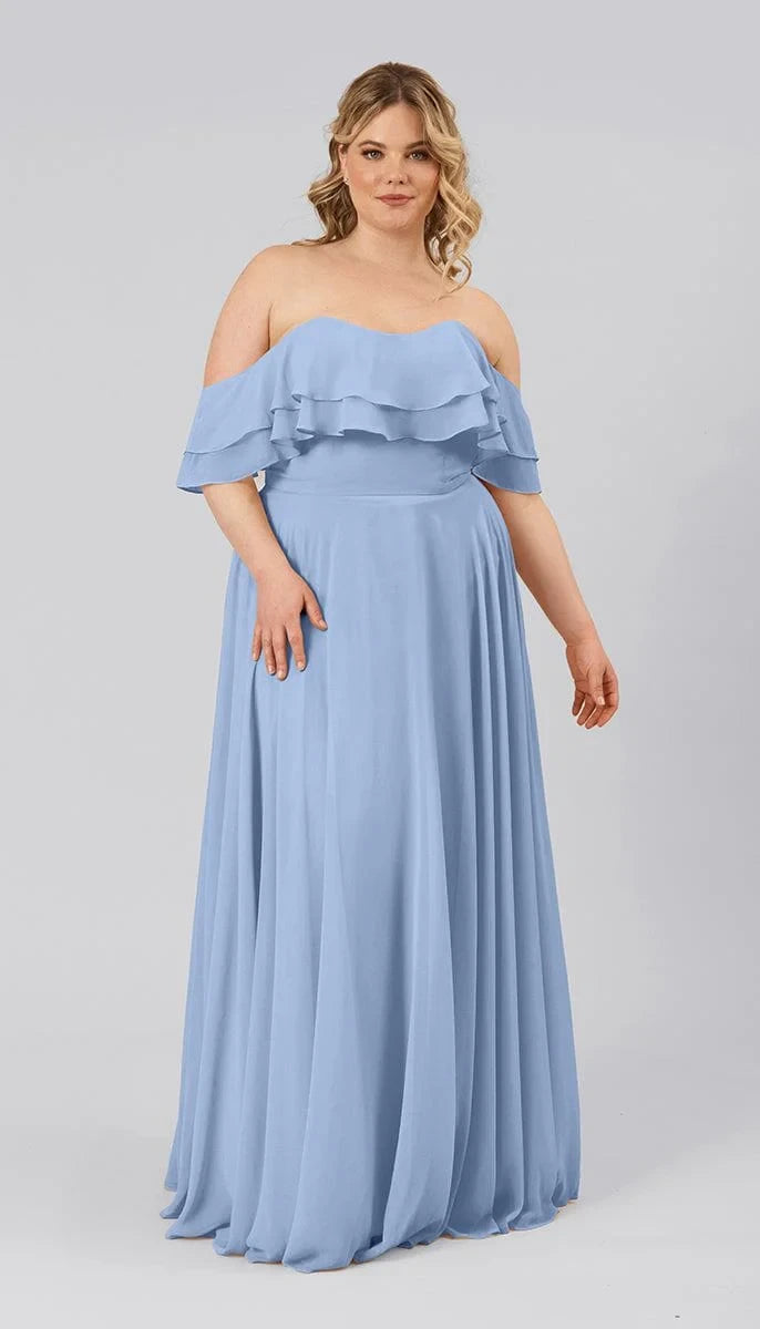 Flowy Chiffon A-Line Square Neck Short Tie Sleeve Zipper Back Floor-Length Bridesmaid Dresses