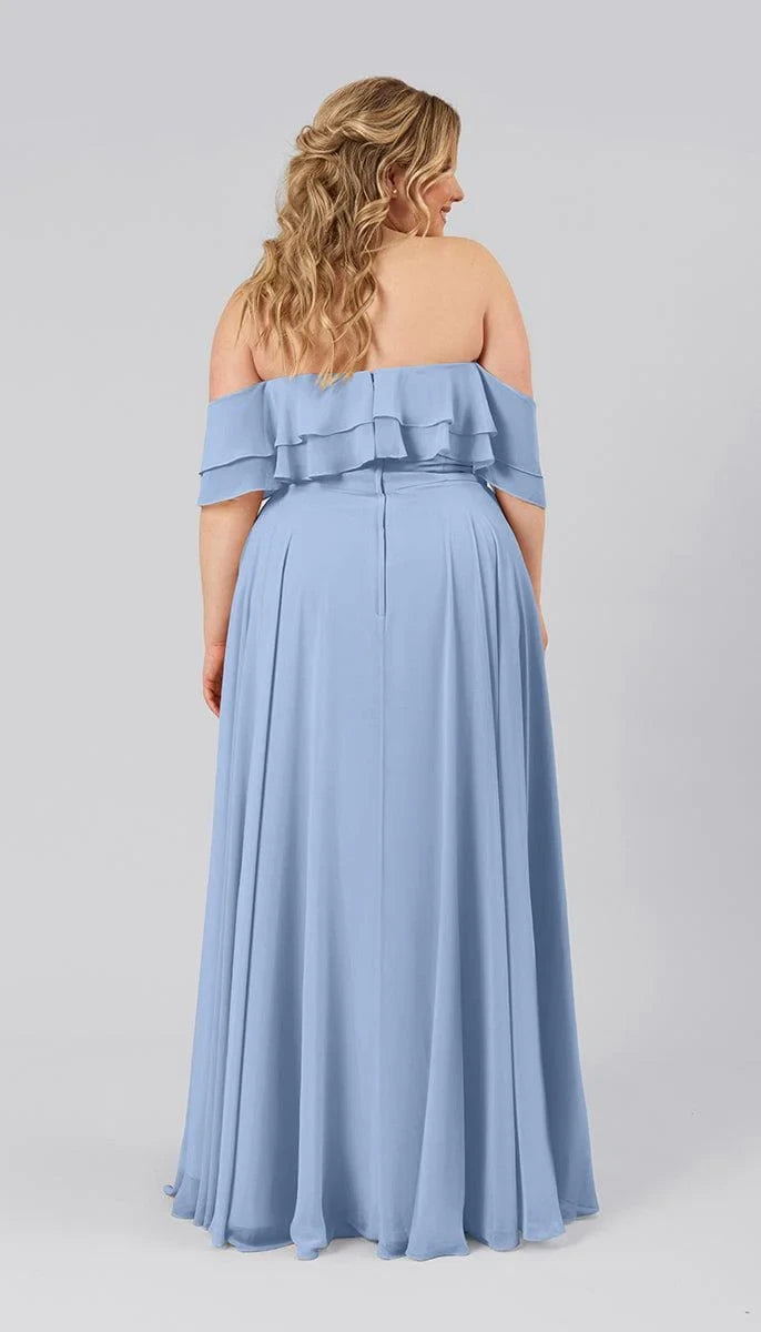 Flowy Chiffon A-Line Square Neck Short Tie Sleeve Zipper Back Floor-Length Bridesmaid Dresses
