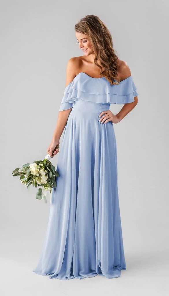 Flowy Chiffon A-Line Square Neck Short Tie Sleeve Zipper Back Floor-Length Bridesmaid Dresses