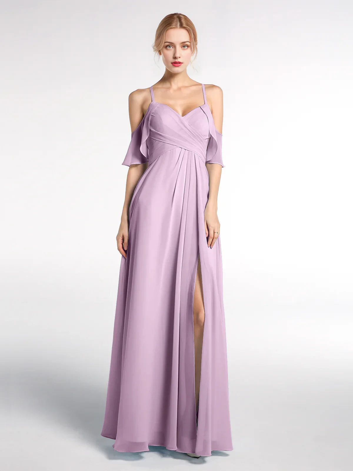 Flowy Chiffon A-Line Sweetheart Off-Shoulder Flutter Sleeve Keyhole Back Floor-Length Bridesmaid Dresses