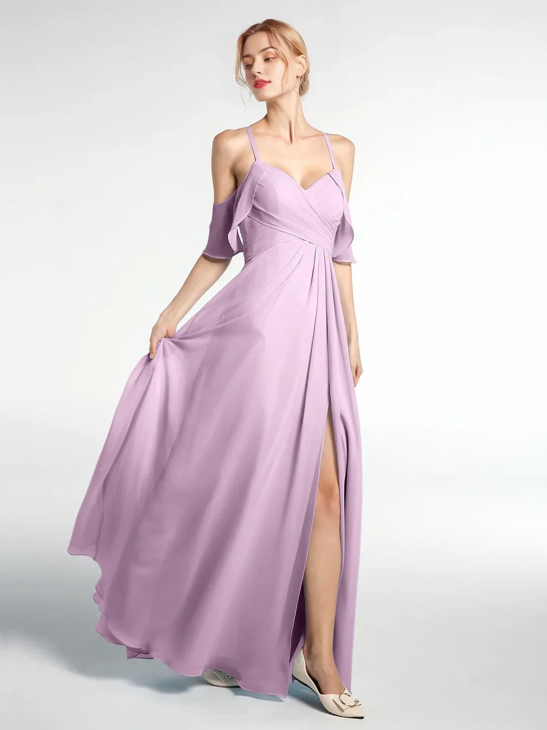 Flowy Chiffon A-Line Sweetheart Off-Shoulder Flutter Sleeve Keyhole Back Floor-Length Bridesmaid Dresses