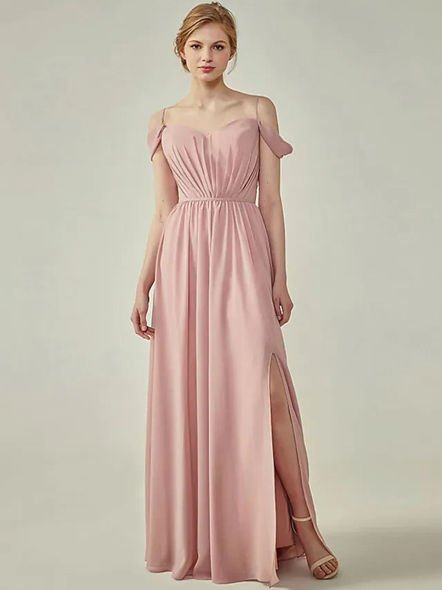 Flowy Chiffon A-Line Sweetheart Off-Shoulder Straps Draped Back Floor-Length Bridesmaid Dresses