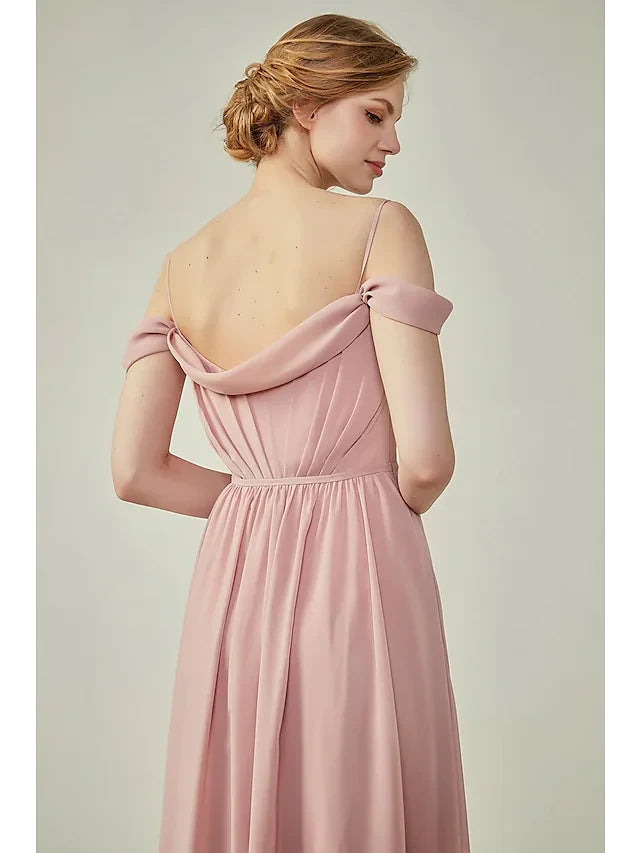 Flowy Chiffon A-Line Sweetheart Off-Shoulder Straps Draped Back Floor-Length Bridesmaid Dresses