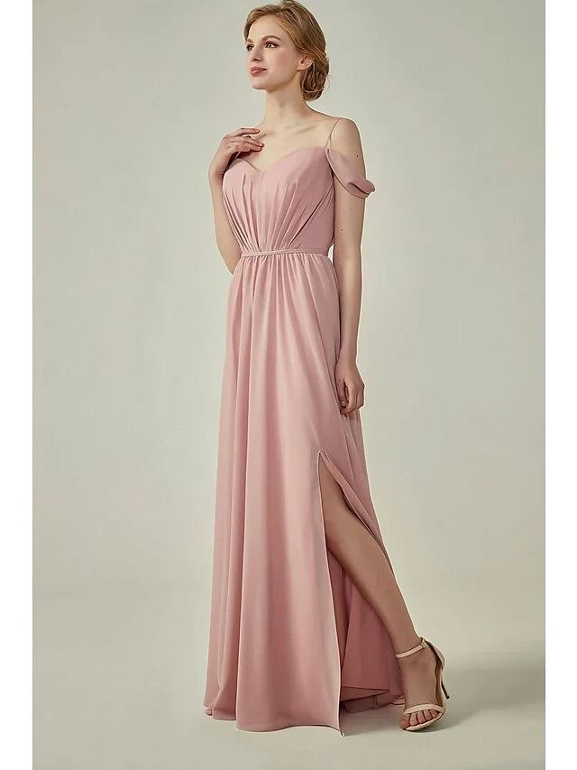 Flowy Chiffon A-Line Sweetheart Off-Shoulder Straps Draped Back Floor-Length Bridesmaid Dresses