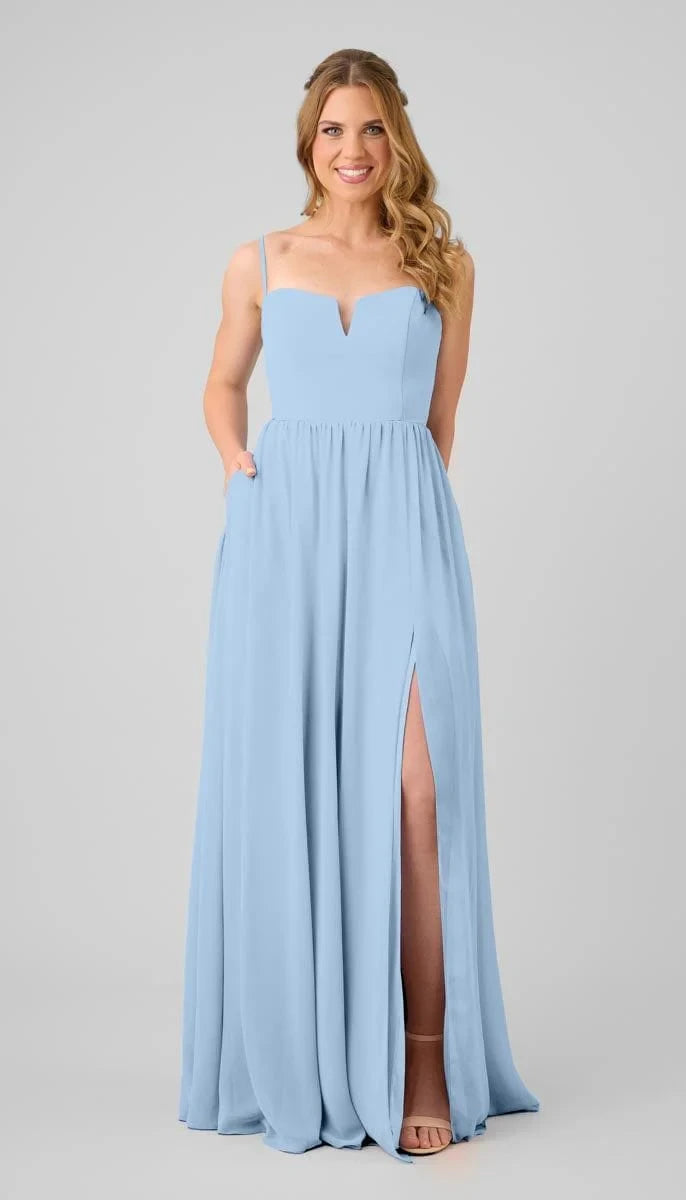 Flowy Chiffon A-Line Sweetheart V-Neck Spaghetti Strap Lace-Up Back Floor-Length Bridesmaid Dresses