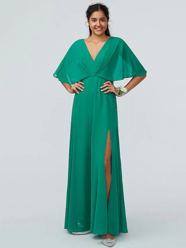 Flowy Chiffon A-Line V-Neck Cape Sleeve V-Back Floor-Length Bridesmaid Dresses with Slit