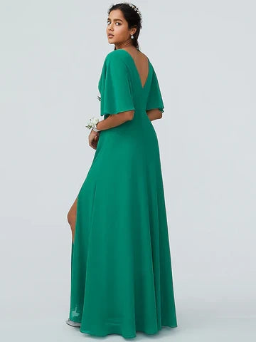 Flowy Chiffon A-Line V-Neck Cape Sleeve V-Back Floor-Length Bridesmaid Dresses with Slit