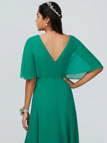 Flowy Chiffon A-Line V-Neck Cape Sleeve V-Back Floor-Length Bridesmaid Dresses with Slit