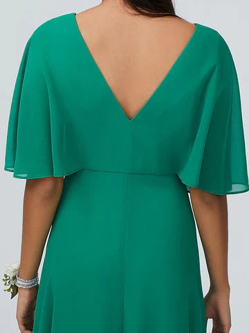 Flowy Chiffon A-Line V-Neck Cape Sleeve V-Back Floor-Length Bridesmaid Dresses with Slit
