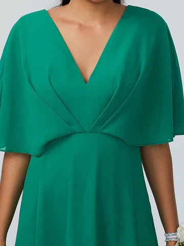 Flowy Chiffon A-Line V-Neck Cape Sleeve V-Back Floor-Length Bridesmaid Dresses with Slit