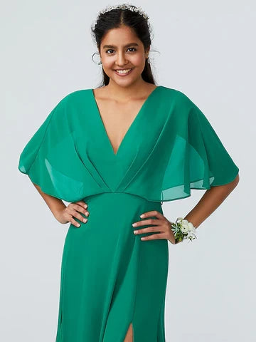 Flowy Chiffon A-Line V-Neck Cape Sleeve V-Back Floor-Length Bridesmaid Dresses with Slit