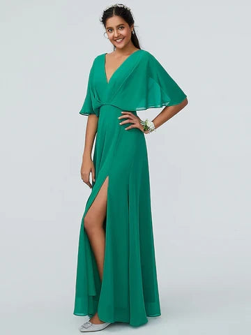 Flowy Chiffon A-Line V-Neck Cape Sleeve V-Back Floor-Length Bridesmaid Dresses with Slit