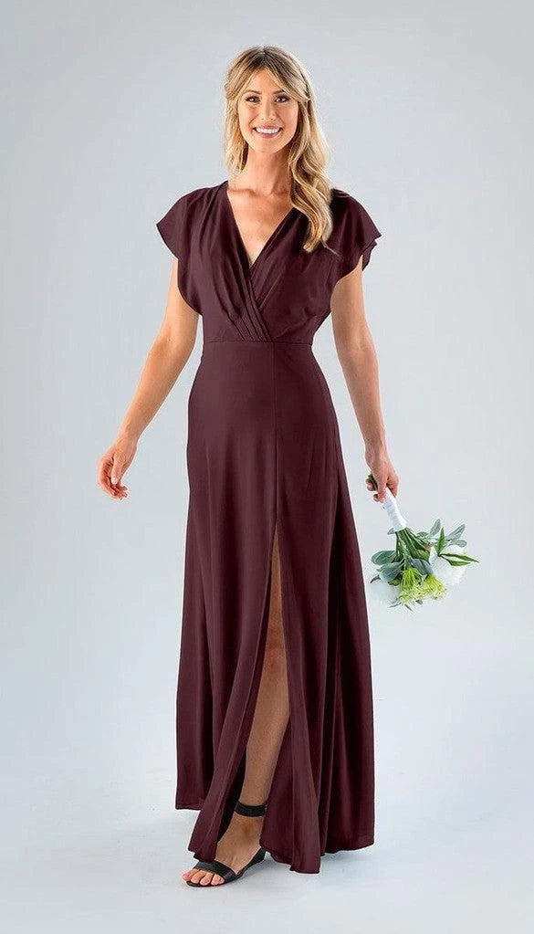 Flowy Chiffon A-Line V-Neck Flutter Sleeve Open Tie-Back Floor-Length Bridesmaid Dresses