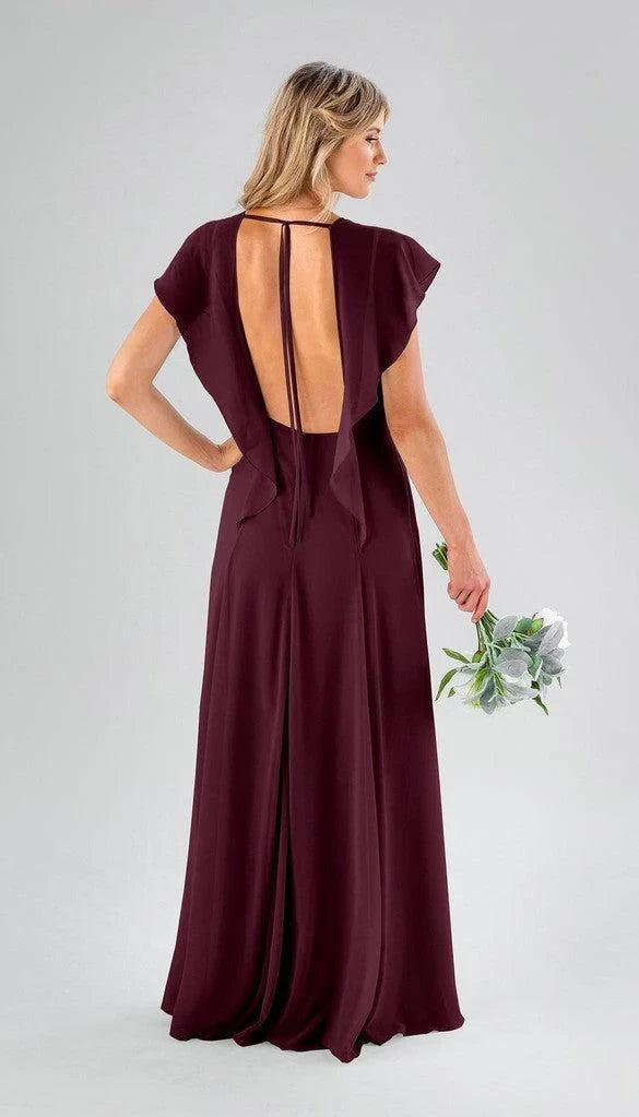 Flowy Chiffon A-Line V-Neck Flutter Sleeve Open Tie-Back Floor-Length Bridesmaid Dresses