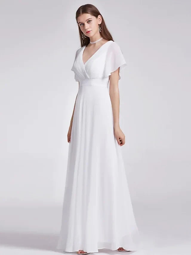 Flowy Chiffon A-Line V-Neck Flutter Sleeve V-Back Floor-Length Wedding Dresses