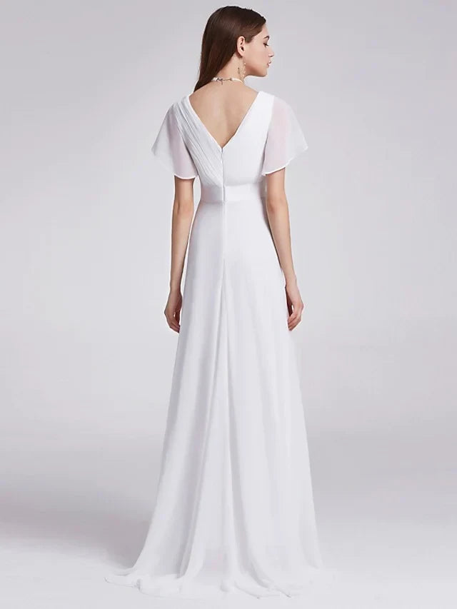Flowy Chiffon A-Line V-Neck Flutter Sleeve V-Back Floor-Length Wedding Dresses