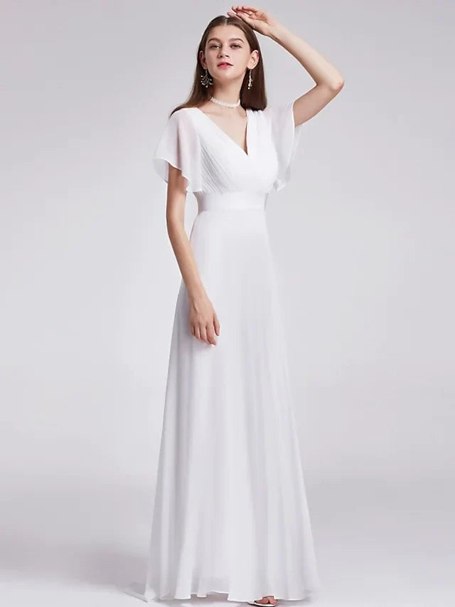 Flowy Chiffon A-Line V-Neck Flutter Sleeve V-Back Floor-Length Wedding Dresses