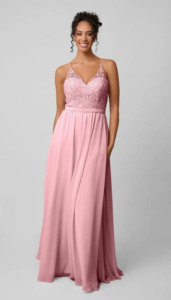 Flowy Chiffon A-Line V-Neck Sleeveless Lace High Back Floor-Length Bridesmaid Dresses
