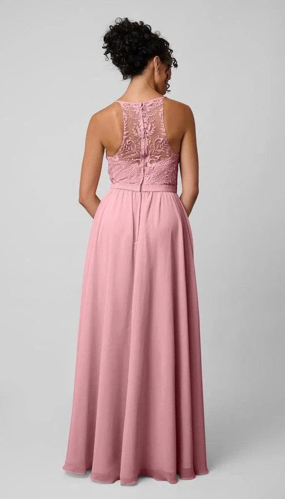 Flowy Chiffon A-Line V-Neck Sleeveless Lace High Back Floor-Length Bridesmaid Dresses