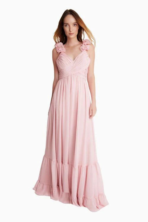 Flowy Chiffon A-Line V-Neck Sleeveless Ruffled Open Back Floor-Length Bridesmaid Dresses