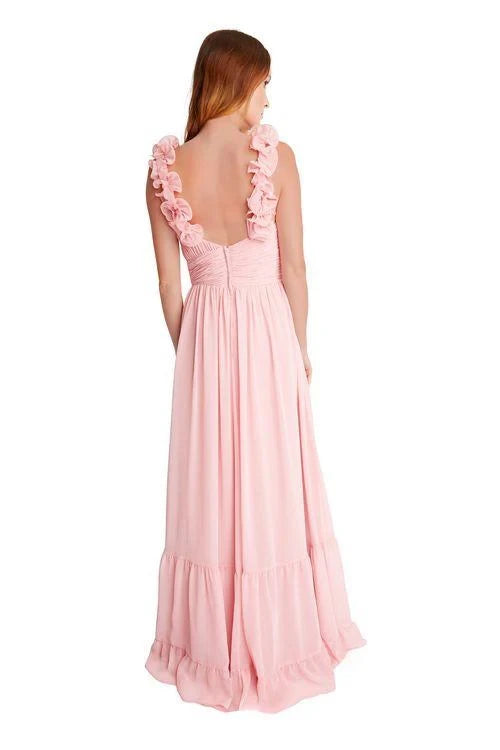 Flowy Chiffon A-Line V-Neck Sleeveless Ruffled Open Back Floor-Length Bridesmaid Dresses