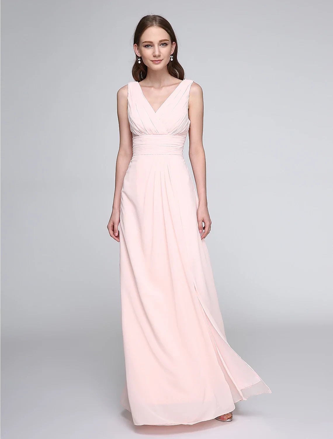Flowy Chiffon A-Line V-Neck Sleeveless V-Back Floor-Length Bridesmaid Dresses