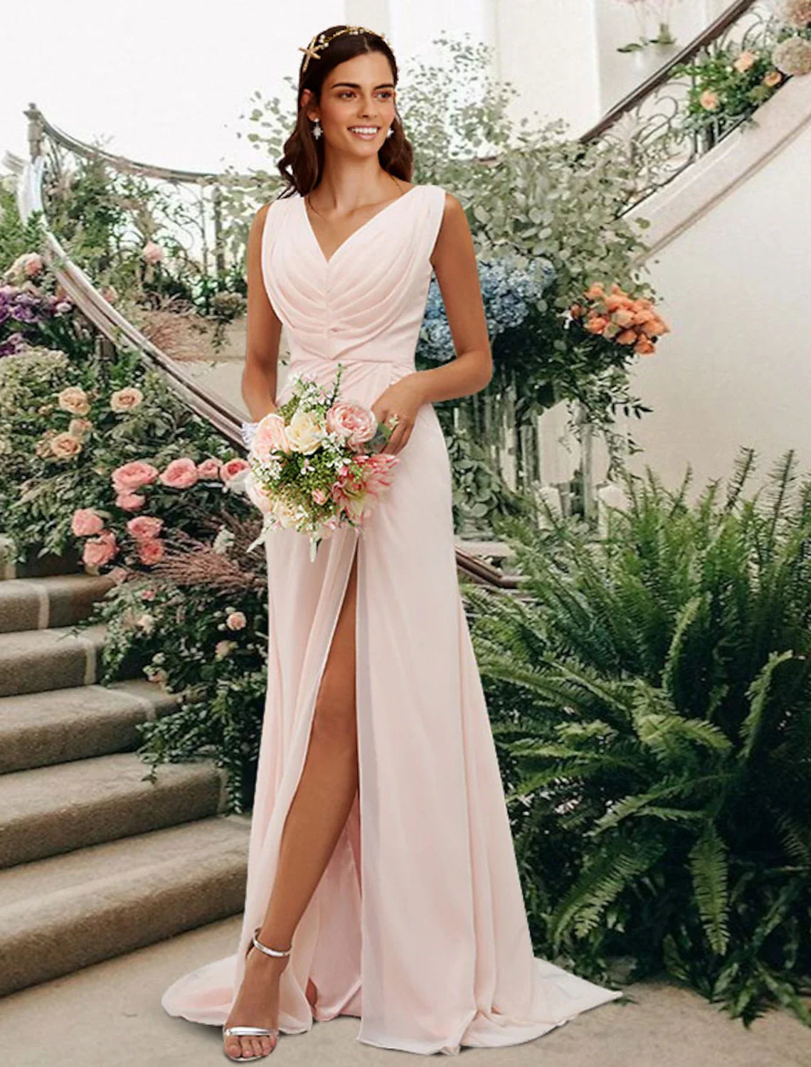 Flowy Chiffon A-Line V-Neck Sleeveless V-Back Floor-Length High Slit Ruched Bridesmaid Dresses
