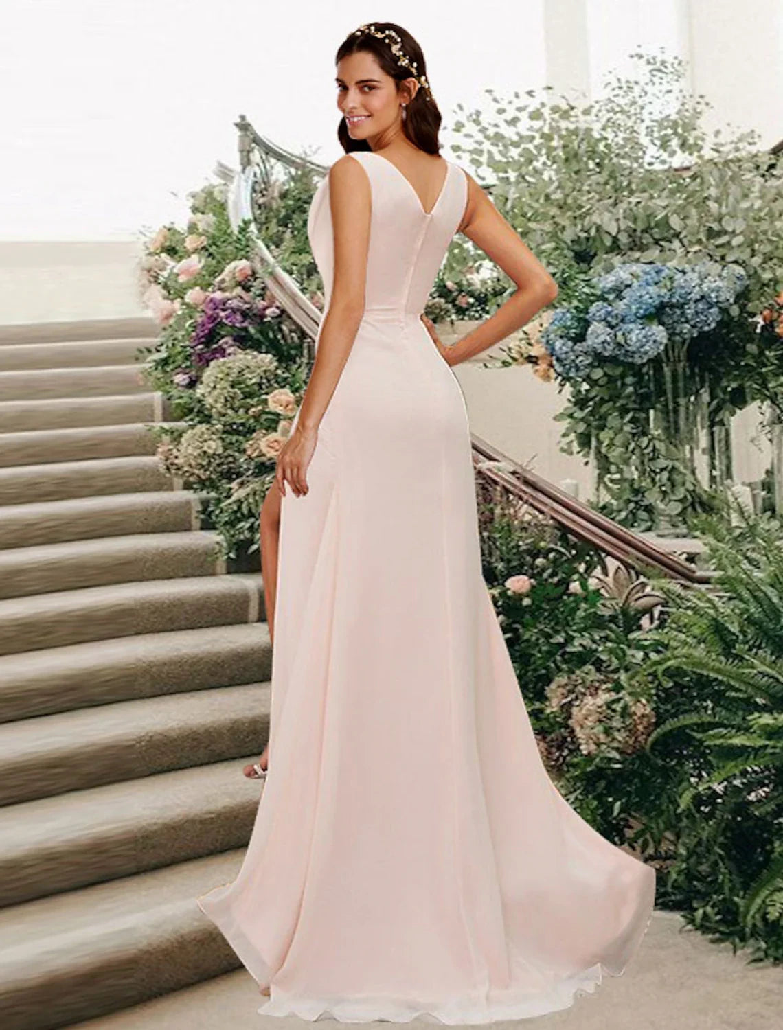 Flowy Chiffon A-Line V-Neck Sleeveless V-Back Floor-Length High Slit Ruched Bridesmaid Dresses