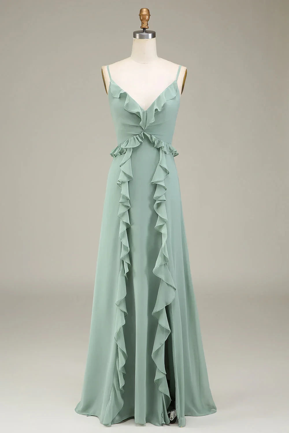 Flowy Chiffon A-Line V-Neck Spaghetti Strap Ruffled Floor-Length Bridesmaid Dresses