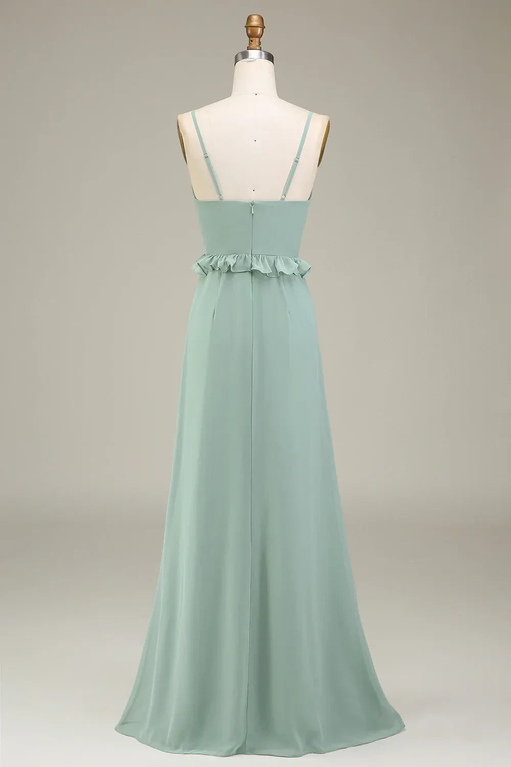 Flowy Chiffon A-Line V-Neck Spaghetti Strap Ruffled Floor-Length Bridesmaid Dresses