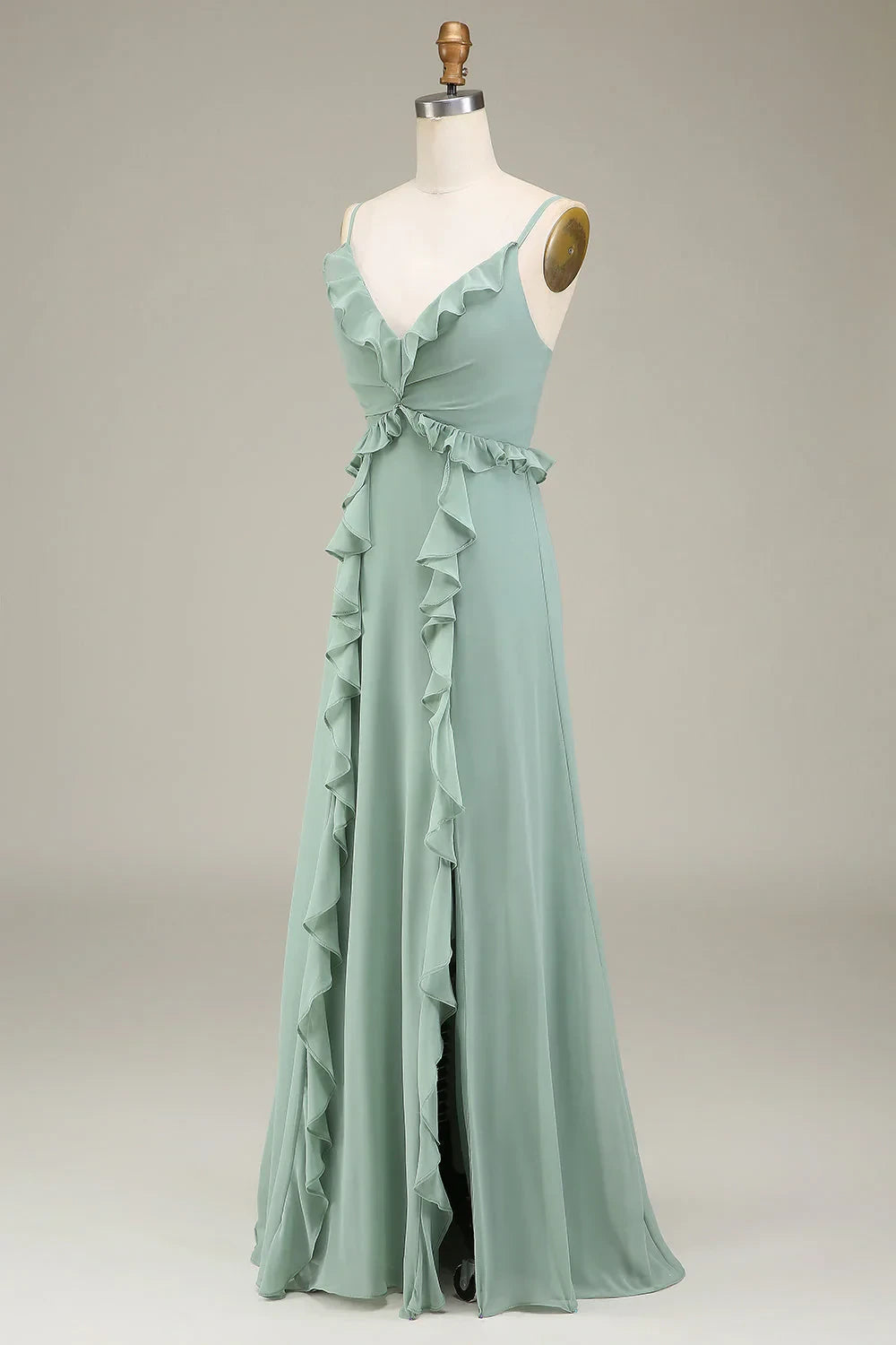 Flowy Chiffon A-Line V-Neck Spaghetti Strap Ruffled Floor-Length Bridesmaid Dresses