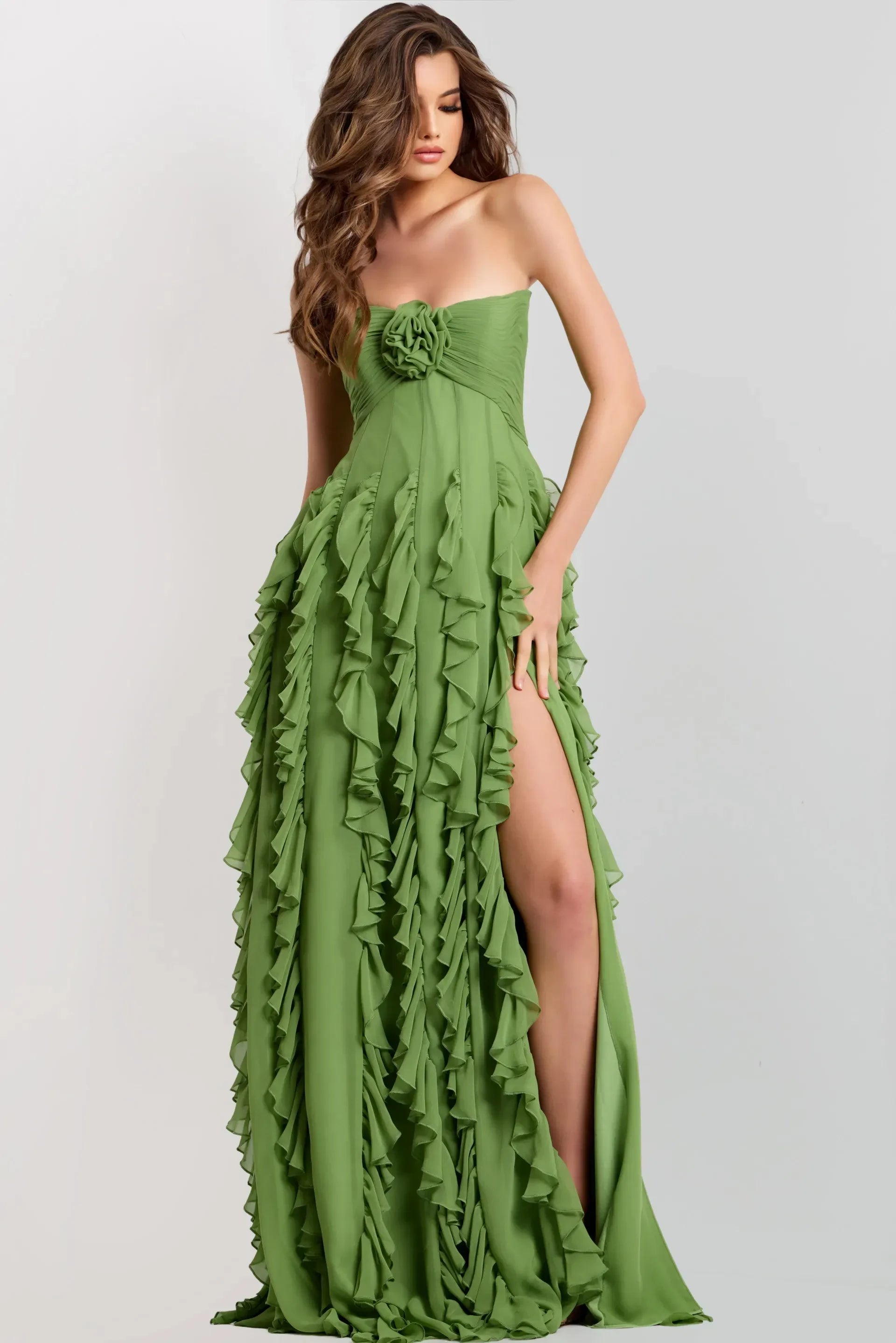 Flowy Ruffled Chiffon A-Line Sweetheart Strapless High-Slit Floor-Length Evening Dresses