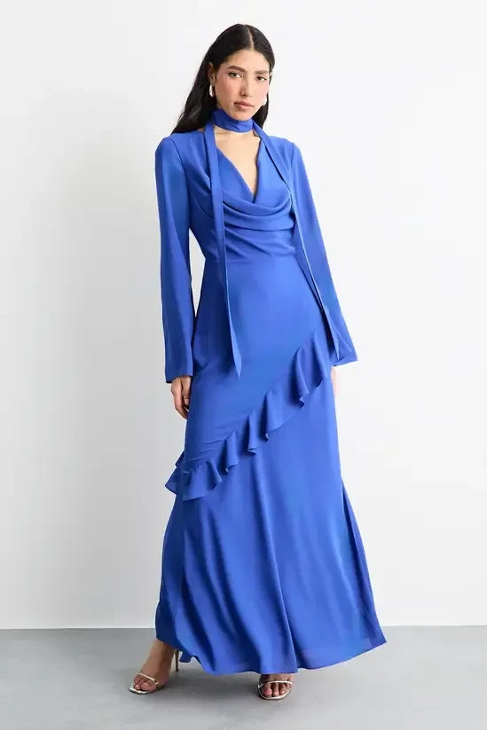 Flowy Satin A-Line Cowl Neck Long Sleeve Covered Back Floor-Length Evening Dresses