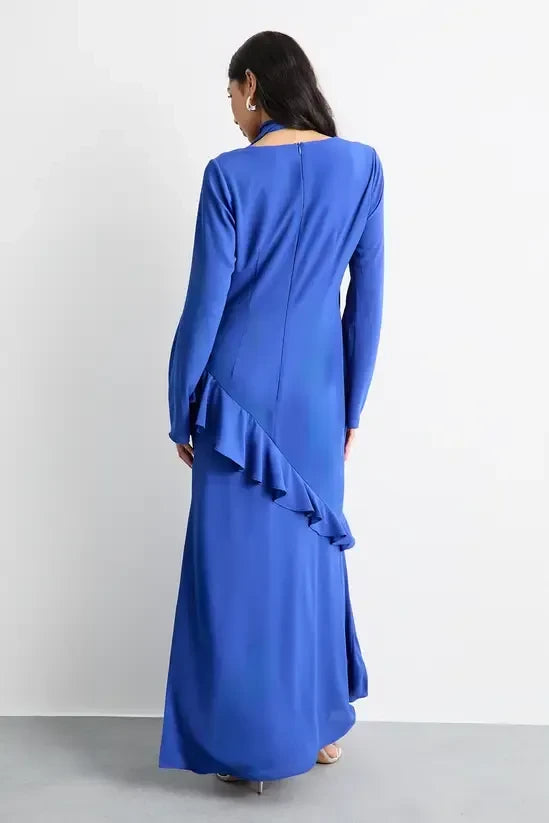 Flowy Satin A-Line Cowl Neck Long Sleeve Covered Back Floor-Length Evening Dresses