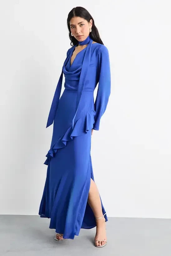 Flowy Satin A-Line Cowl Neck Long Sleeve Covered Back Floor-Length Evening Dresses