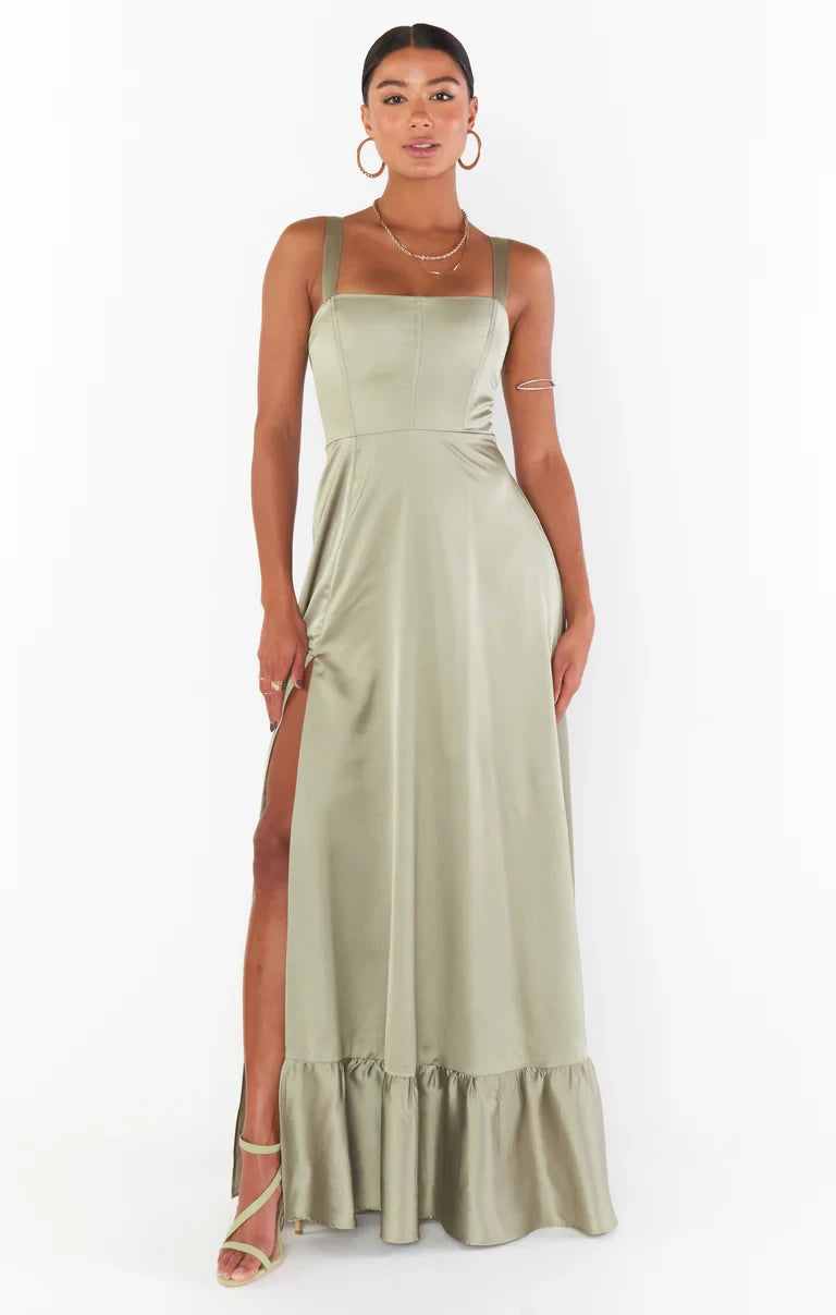 Flowy Satin A-Line Square Neck Sleeveless Lace-Up Back Floor-Length Bridesmaid Dresses