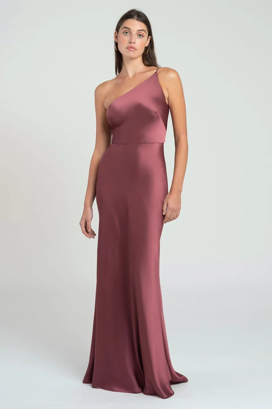 Flowy Satin Sheath One-Shoulder Zipper Back Floor-Length Bridesmaid Dresses
